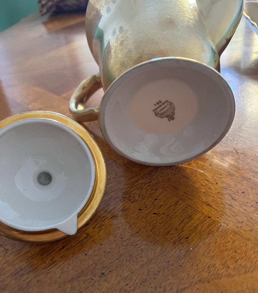 Vintage Gold Lusterware Tea Set Porcelain Coffee Pot Cups Creamer Sugar Bowl Tray Mid Century Elegant Display Collectible Japan Decoration