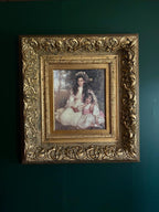 Large Victorian Gilt Frame Oil Painting of Two Girls Antique Style Rococo Wall Art Romantic Portrait Ornate Gold Decoration Statement Piece