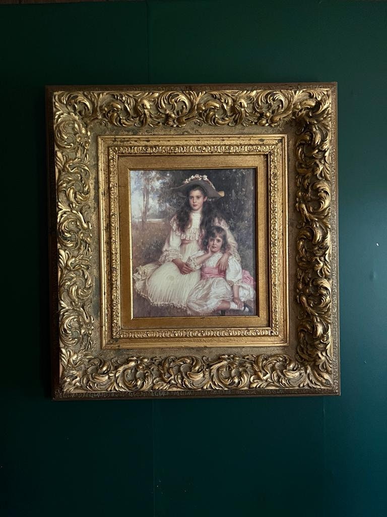 Large Victorian Gilt Frame Oil Painting of Two Girls Antique Style Rococo Wall Art Romantic Portrait Ornate Gold Decoration Statement Piece