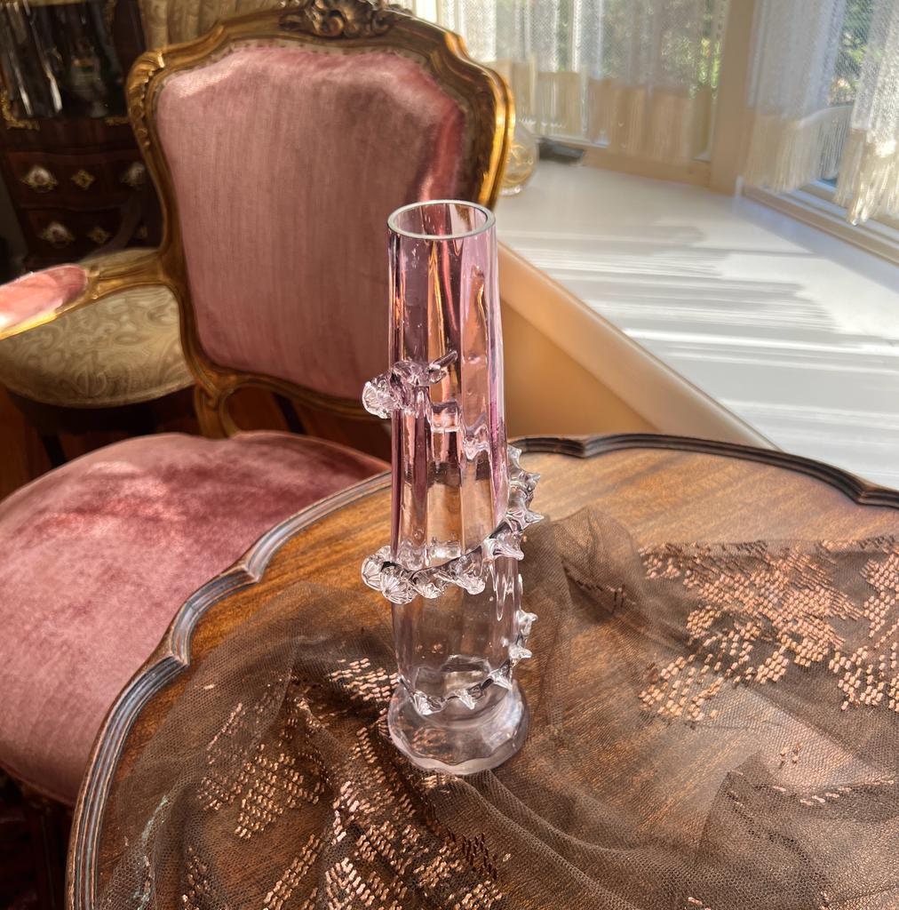 Tall Light Purple Twisted Glass Vase Unique Art Glass Centerpiece Elegant Ruffled Rim Sculptural Design Home Decor Flower Holder Collectible