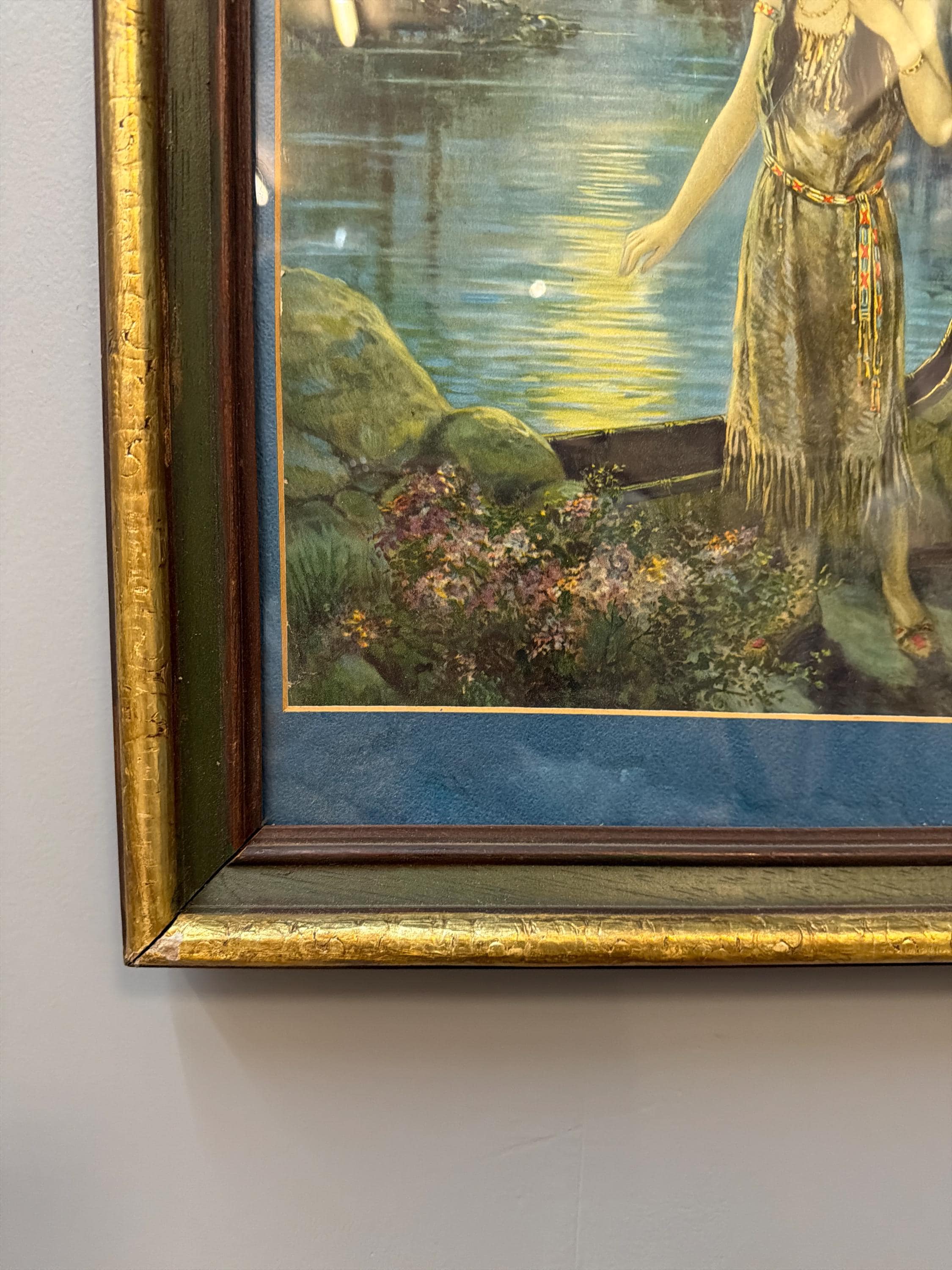 Vintage Gilt Wood Framed Native American Maiden Print, Moonlit Lake Canoe Scene, Antique Style Decorative Wall Art