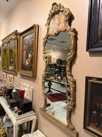 Large French Rococo Gilt Wall Mirror, Figural Print, Baroque Revival Style with Marble Stand