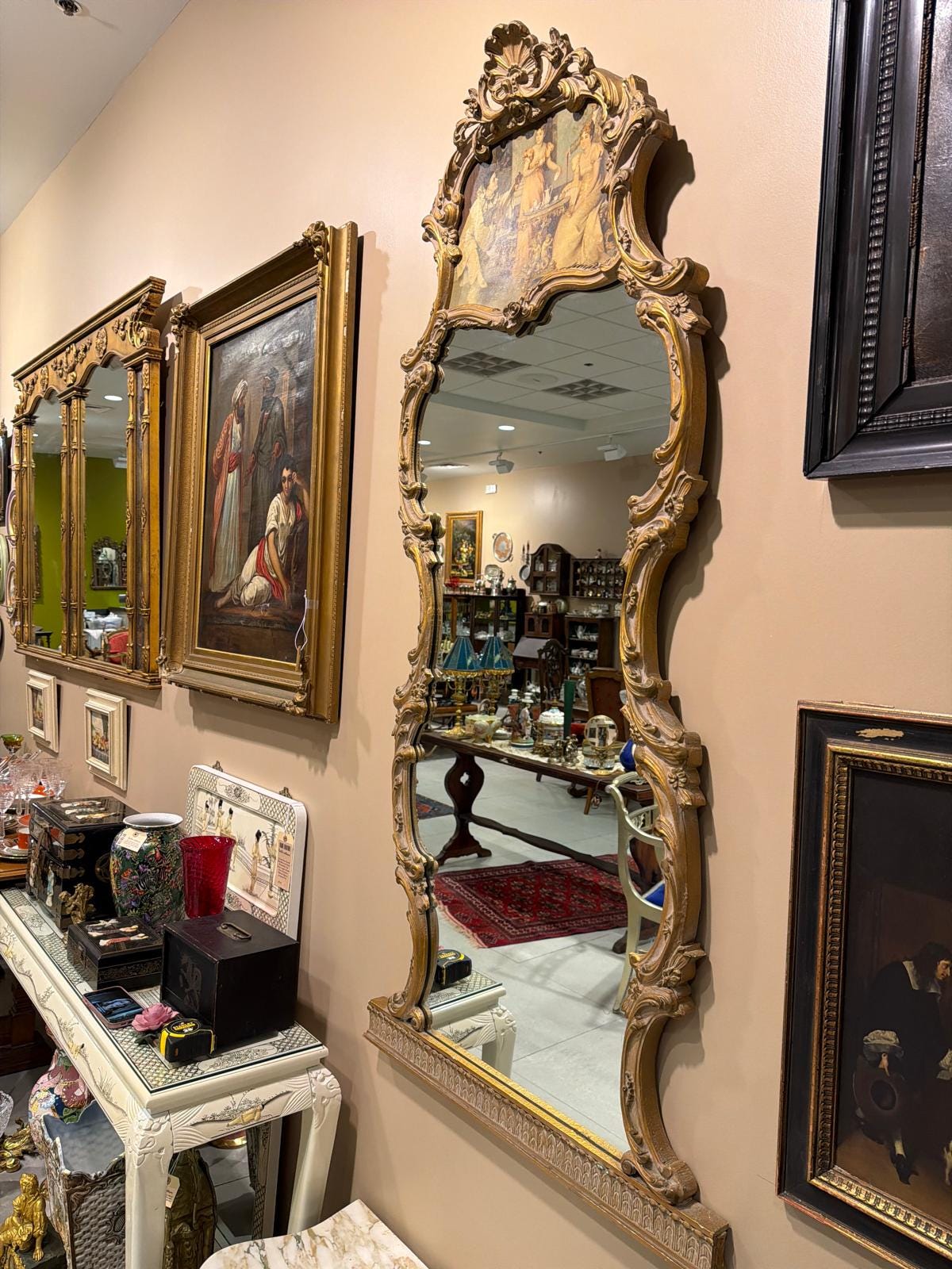 Large French Rococo Gilt Wall Mirror, Figural Print, Baroque Revival Style with Marble Stand