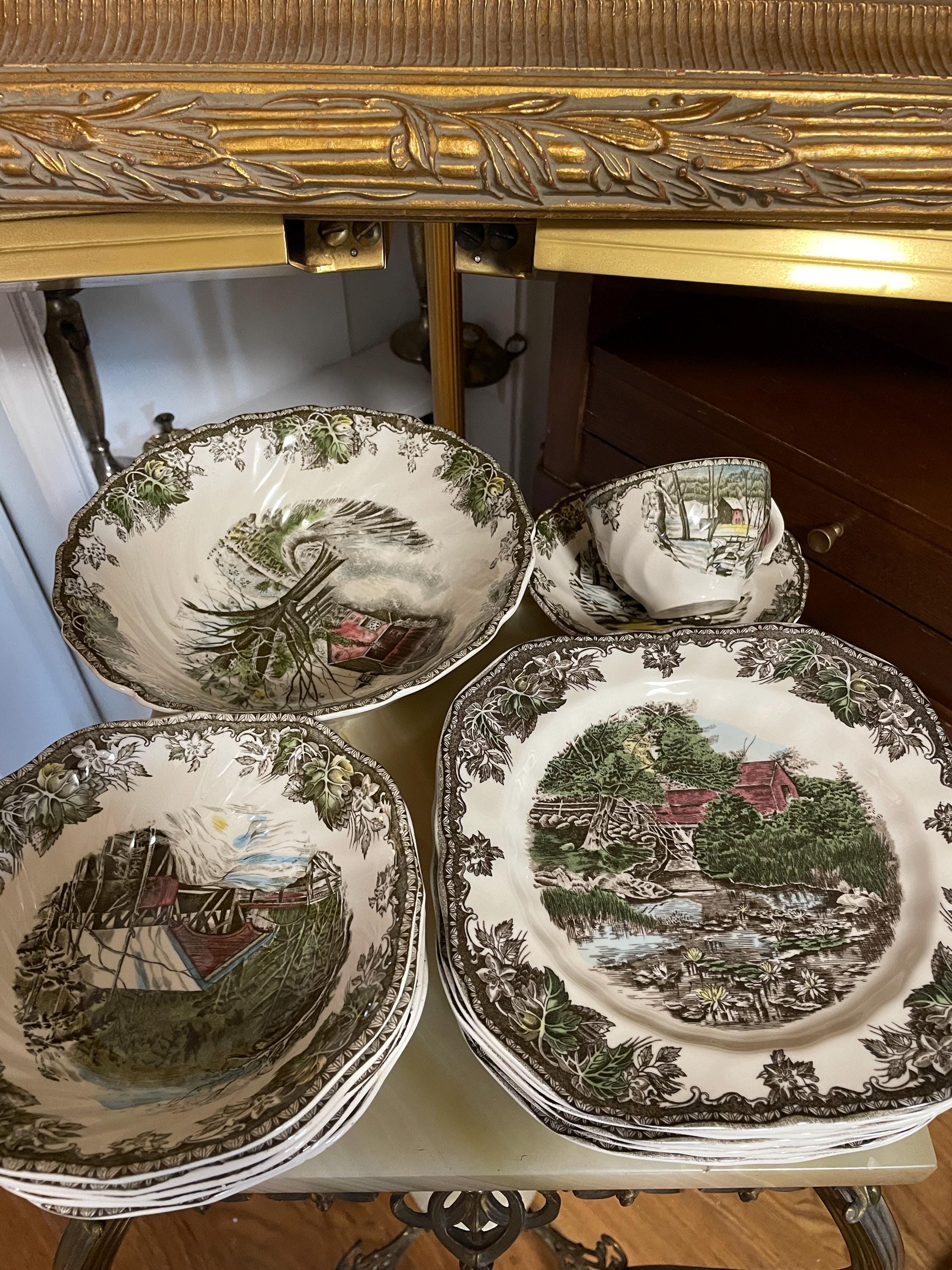 Vintage Johnson Bros Friendly Village China Set Winter Scene Transferware Holiday Tea Plates Bowls Cups Display Gift Cottage Kitchen