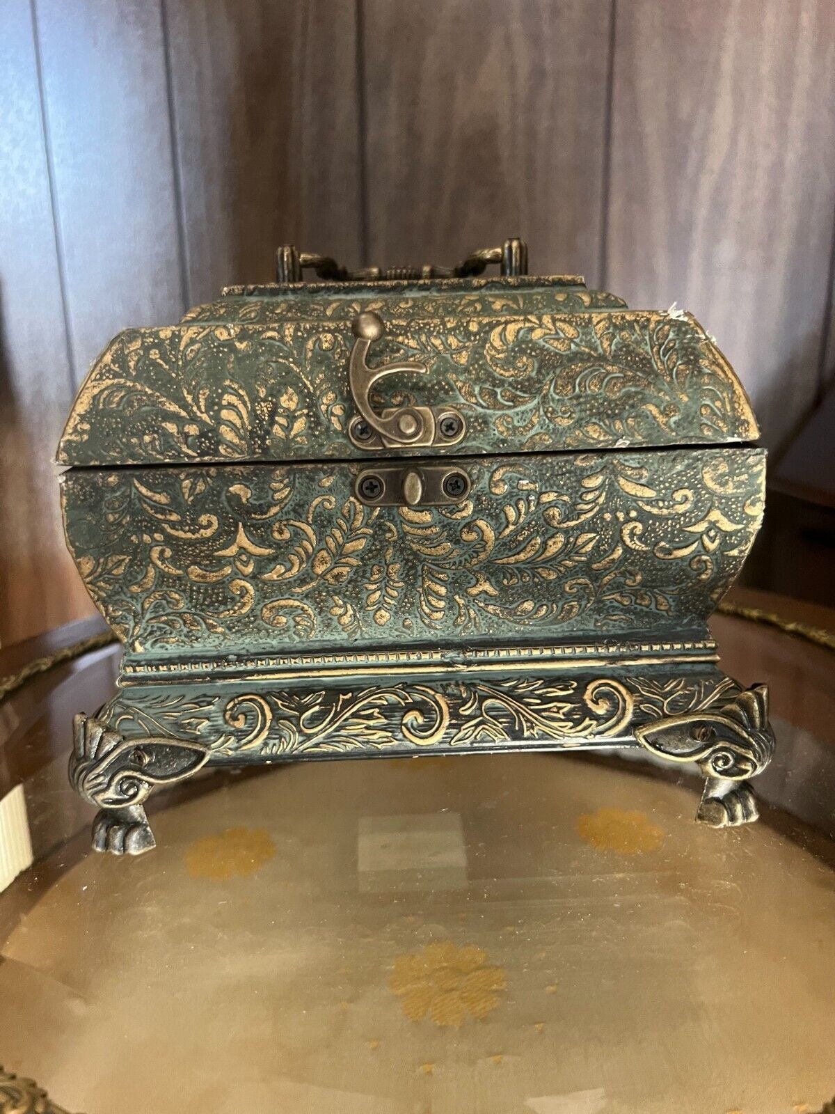 Ornate Vintage Style Green Gold Jewelry Box Floral Raised Pattern Decorative Footed Chest Clock Hidden Compartment Elegant Unique Treasure