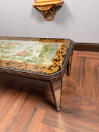 Vintage Italian Chinoiserie Coffee Table, Hand Painted Asian Scenic Glass Top
