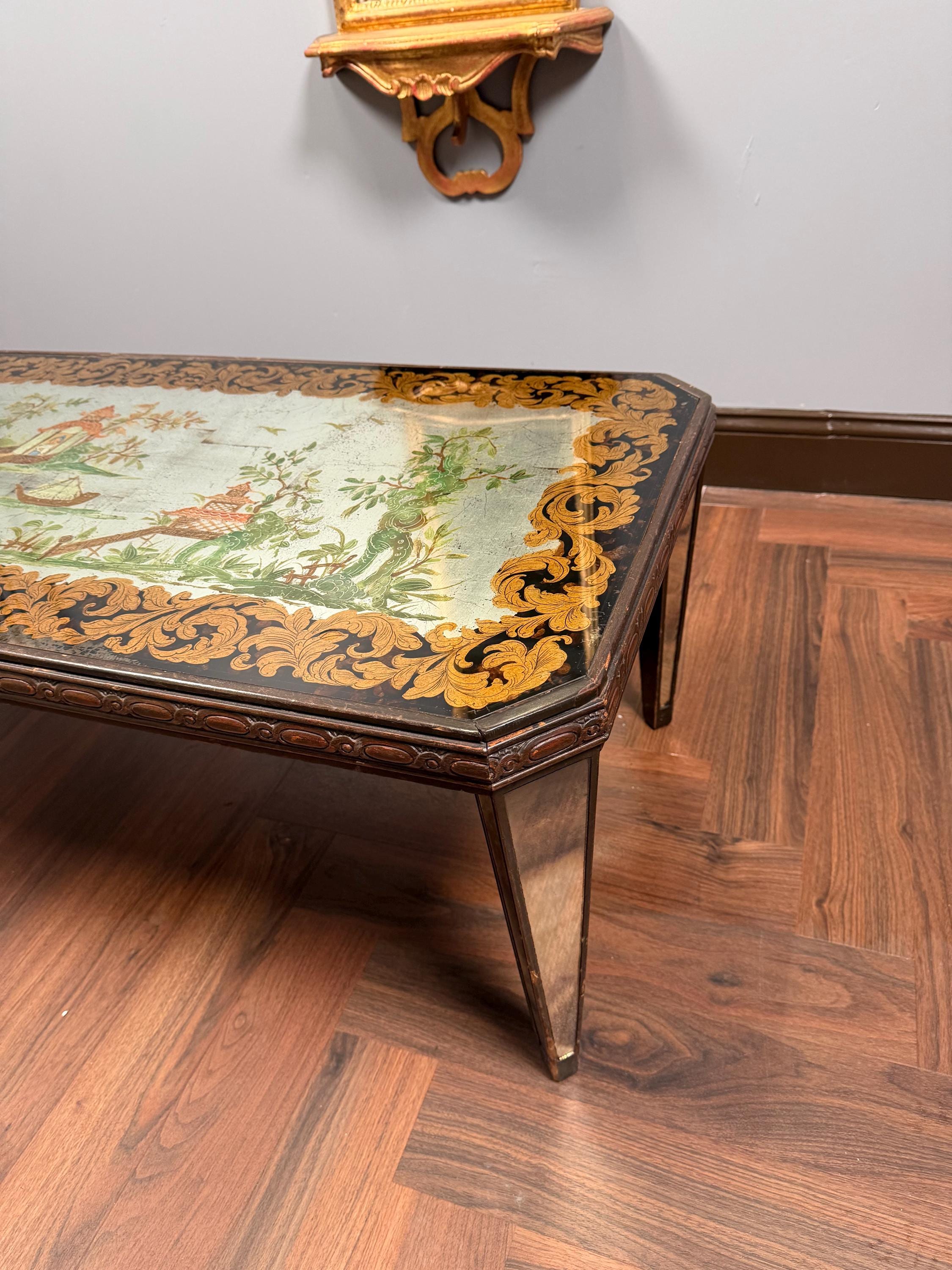 Vintage Italian Chinoiserie Coffee Table, Hand Painted Asian Scenic Glass Top