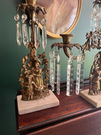 Antique Set of 3 Victorian Bronze Candlestick Girandole  Figural Ornate Crystal Prism  Marble Base Candleholder Mid 1800s