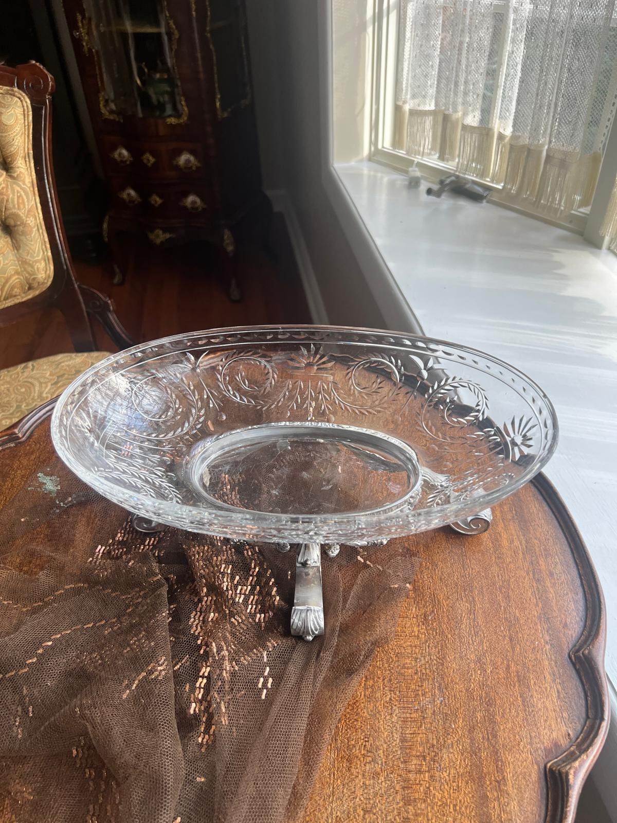 Antique Crystal Oval Bowl on Silverplate Footed Stand Cut Glass Fruit Dish Decorative Centerpiece Floral Garland Neoclassical Elegant Style