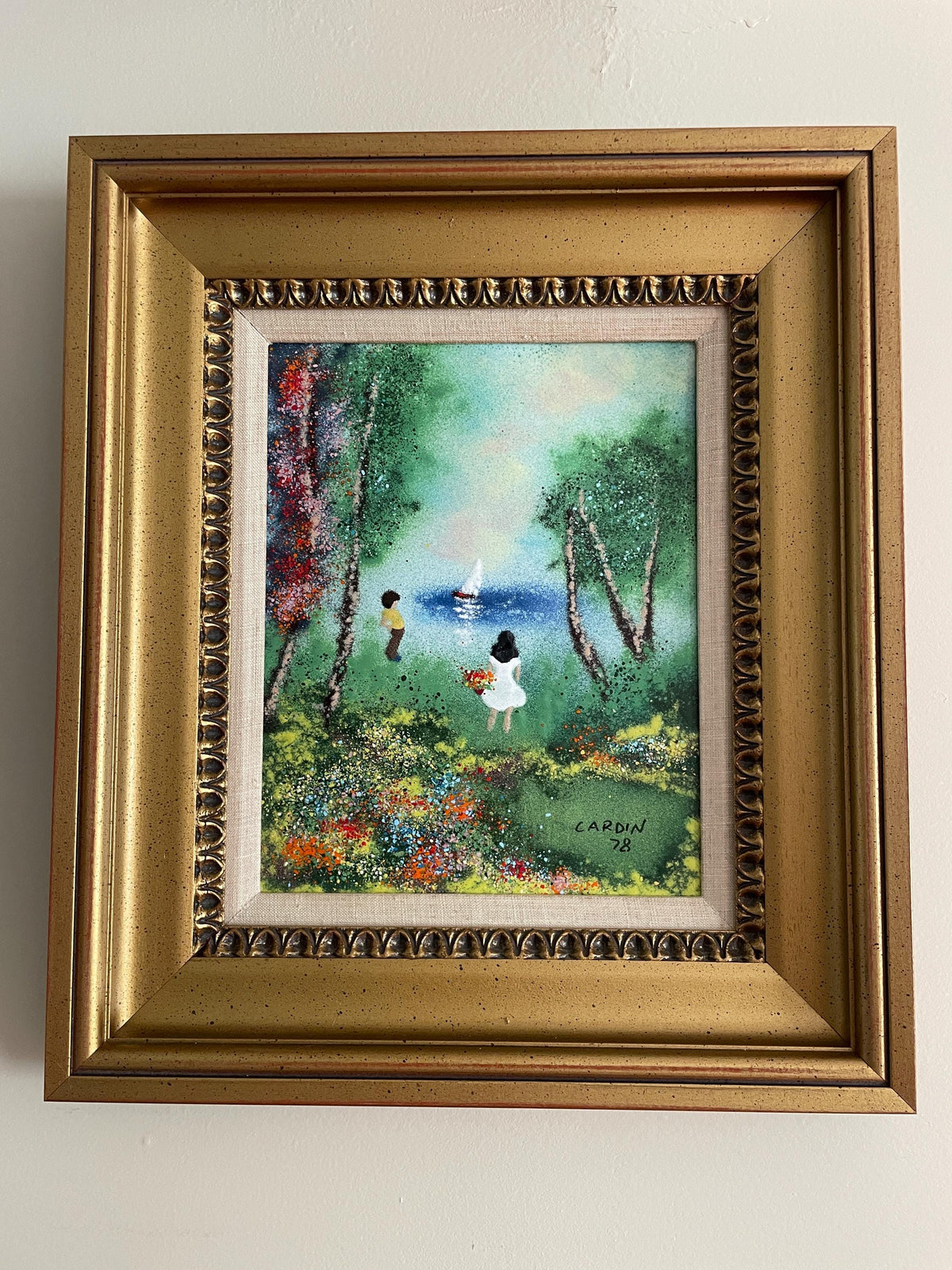 Louis Cardin Signed Original 1978 Artwork Framed Impressionist Painting Enamel Nature Scene Collectible Wall Art Certified Vintage Frame Art