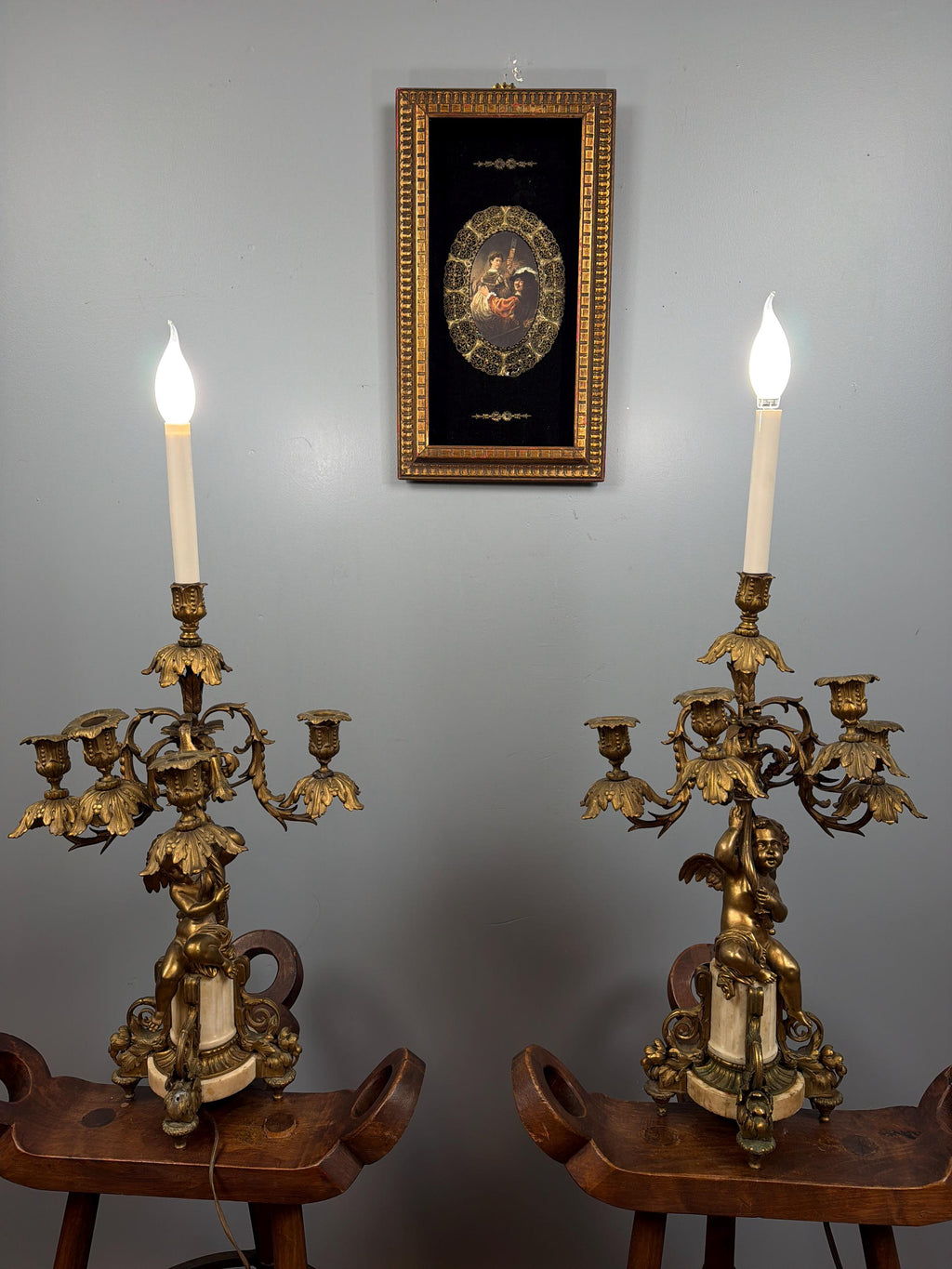 Antique French Ormolu Cherub Candelabra Pair, Gilt Bronze Marble Base Louis XVI Style