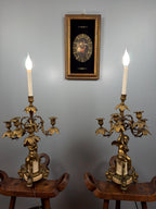 Antique French Ormolu Cherub Candelabra Pair, Gilt Bronze Marble Base Louis XVI Style