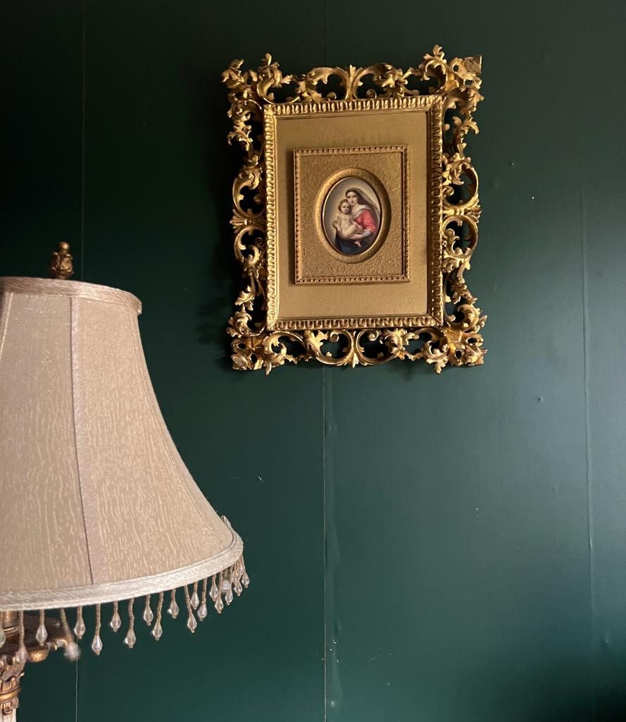 Antique KPM Porcelain Rare Oil Painting of Madonna on an Oval porcelain plaque Gold Gilwood Framed