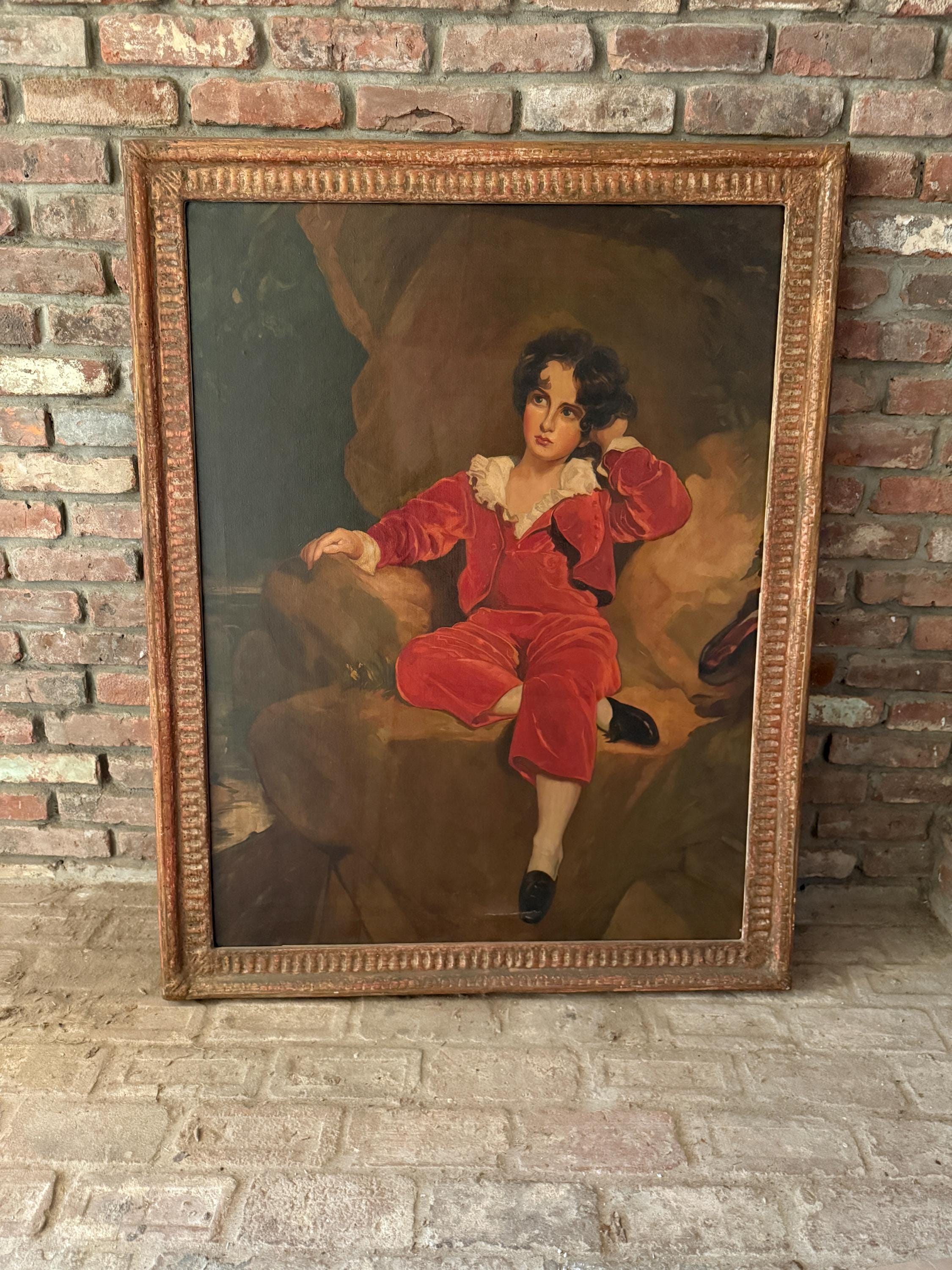 Antique Oil Painting of a Young Boy Red Large Framed Portrait 19th C English Style Rare Impressive Artwork Thomas Lawrence Inspired Wall Art