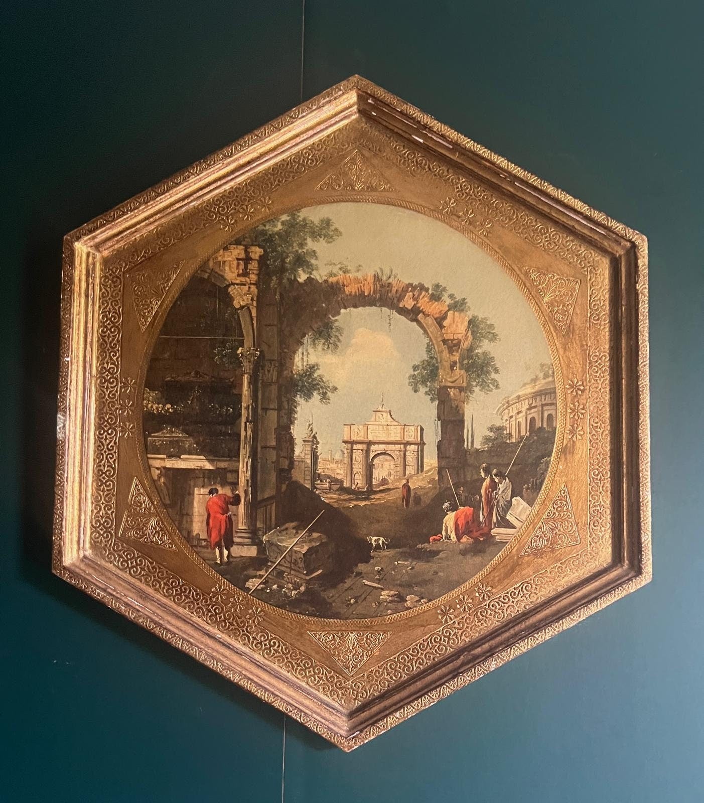 Vintage Italian Florentia Canaletto Style Hexagon Wall Art Ornate Gilt Frame Roman Ruins Scene Classical Landscape Architecture Art