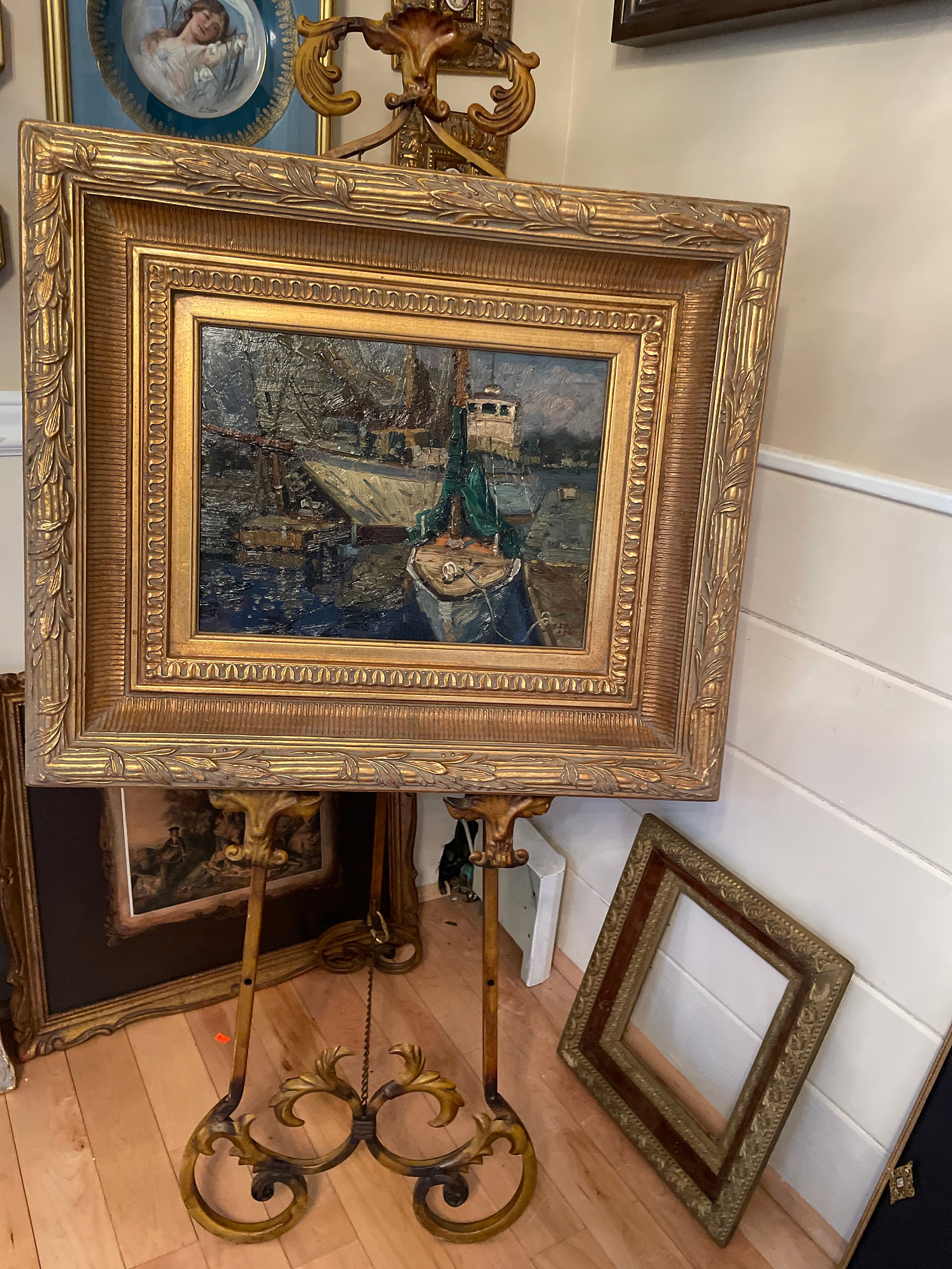 Original Oil Painting Boats Harbor Scene Nautical Marine Seascape Artwork Framed Impressionist Style Signed Vintage Coastal Decoration