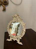 Vintage Ornate Tabletop with Cherub Accent Rococo Style Distressed White Finish Collectible Vanity Deco Antique Inspired Design Mirror