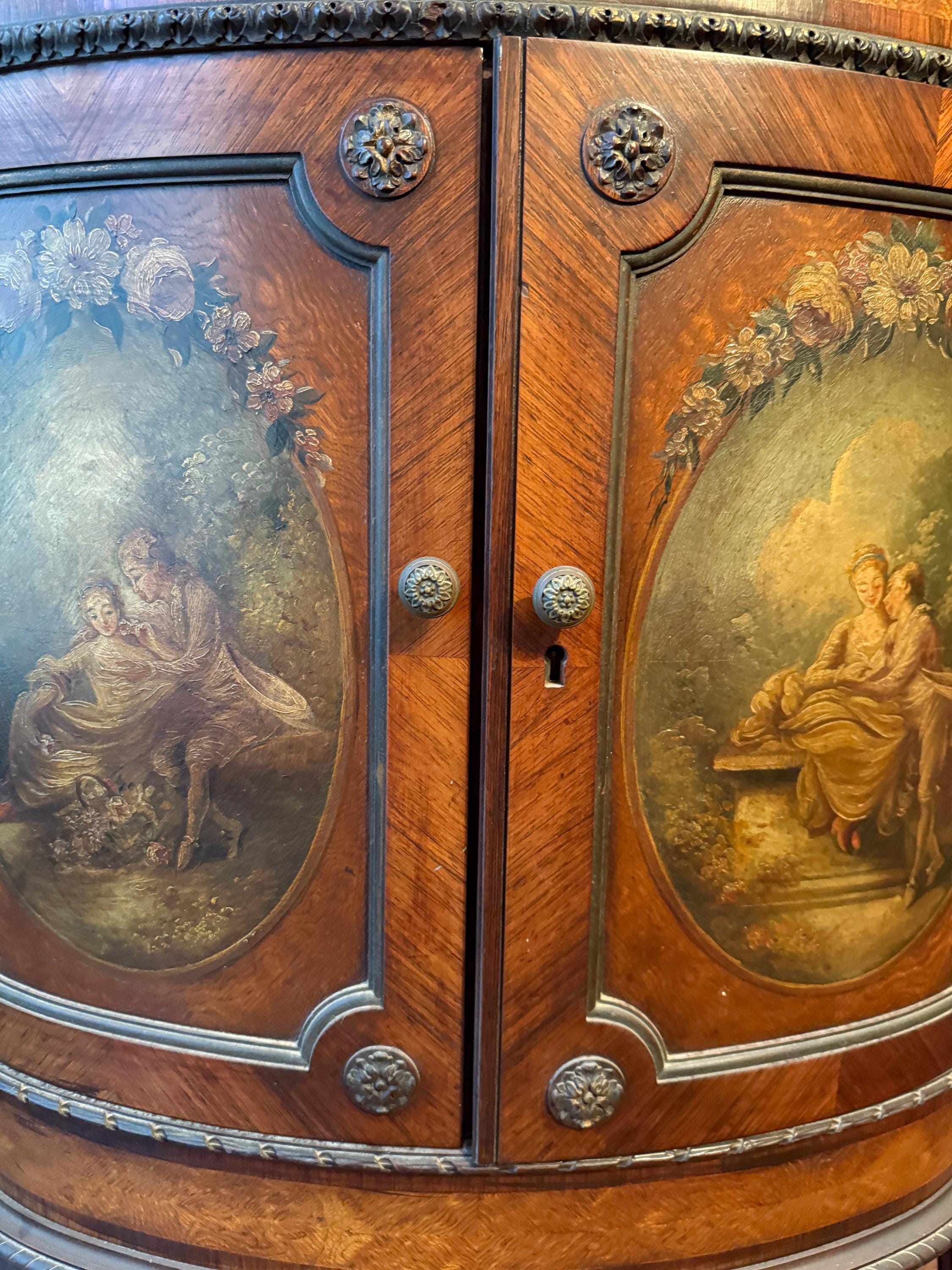Antique French Marble Top Sideboard Hand Painted Panels Louis XV Style Painted Cabinet Elegant Drawers Luxurious Furniture Console Buffet