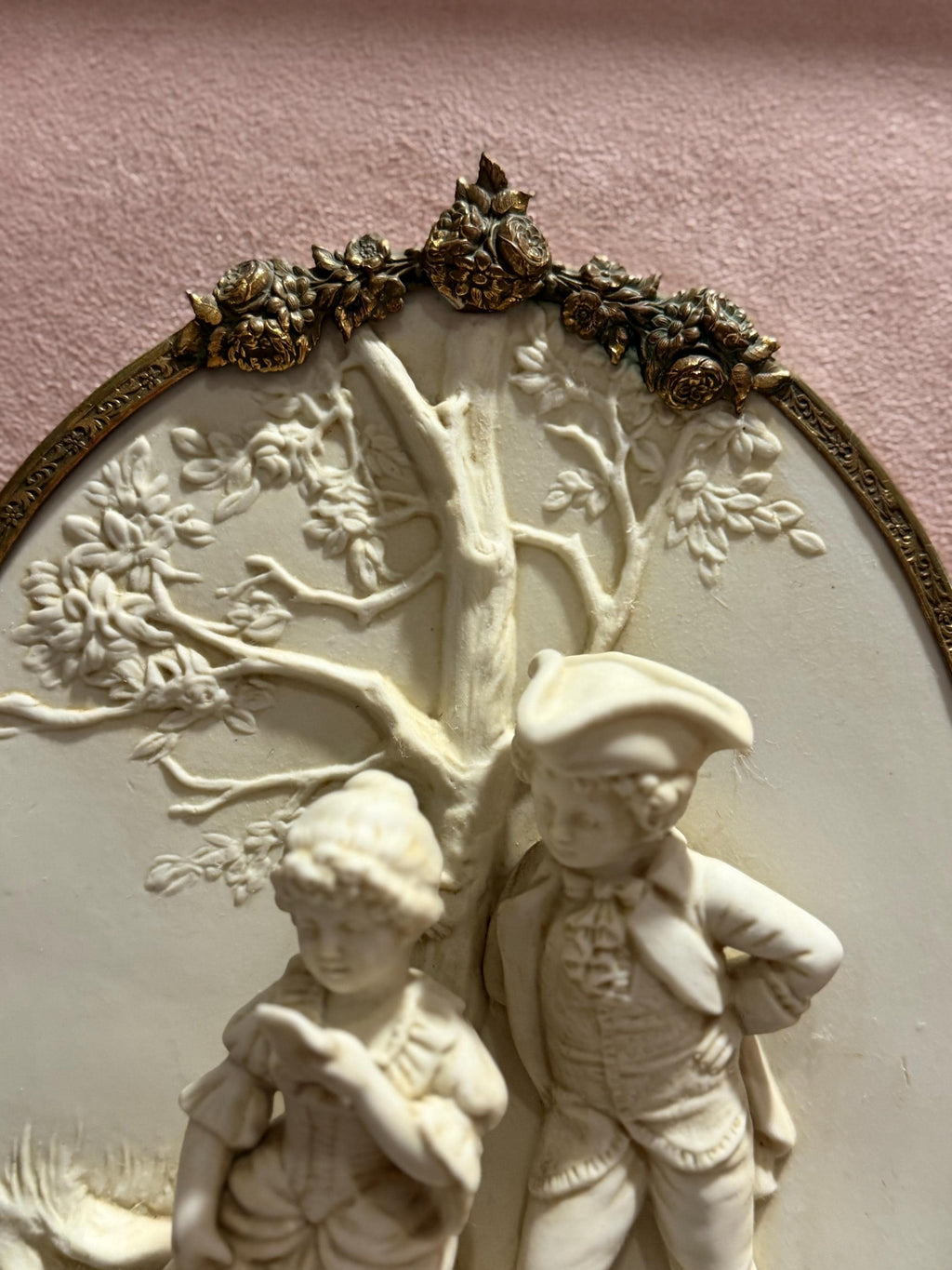 Antique Bisque Porcelain Wall Plaques Pair, French Rococo Gilt Framed Romantic Scene Panels