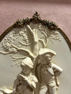 Antique Bisque Porcelain Wall Plaques Pair, French Rococo Gilt Framed Romantic Scene Panels