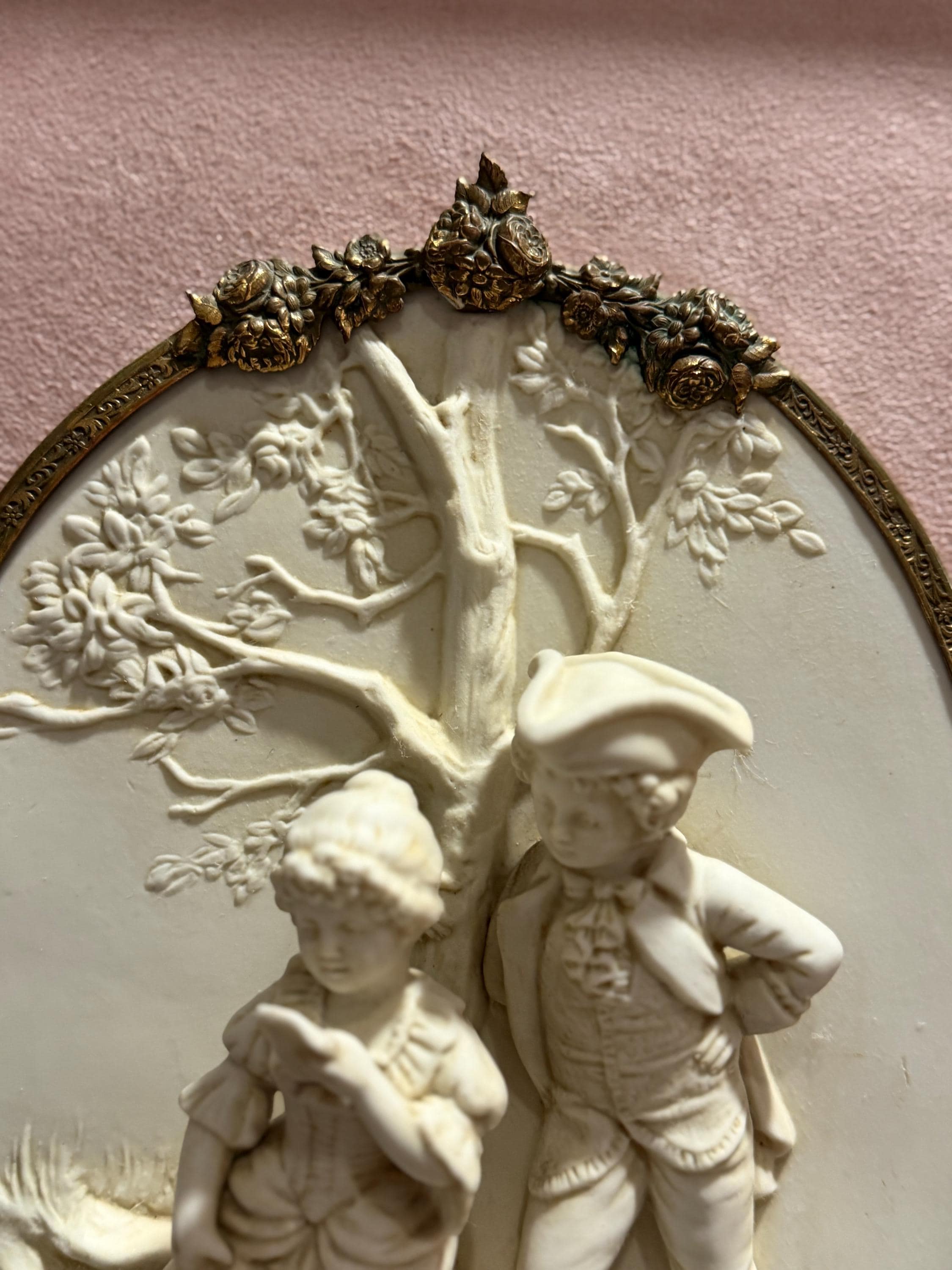 Antique Bisque Porcelain Wall Plaques Pair, French Rococo Gilt Framed Romantic Scene Panels