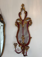 Antique Pair of French Style Rococo Design Wood Wall Candle Sconces Hand-Painted Red & Gold Gilded Pair, Baroque Style Candleholders