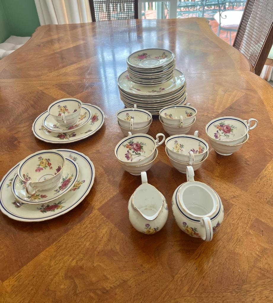 Vintage 40s Aynsley Claridge Floral 12 Person Cups Saucers Plates Made in England Fine Bone China Blue Gold Trim Cottagecore Decoration