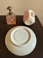 Antique Cup & Saucer Pink Glass Matching Perfume Bottle Hand-Painted Figure Porcelain Romantic Shelf Display Collectible cup saucer Bottle