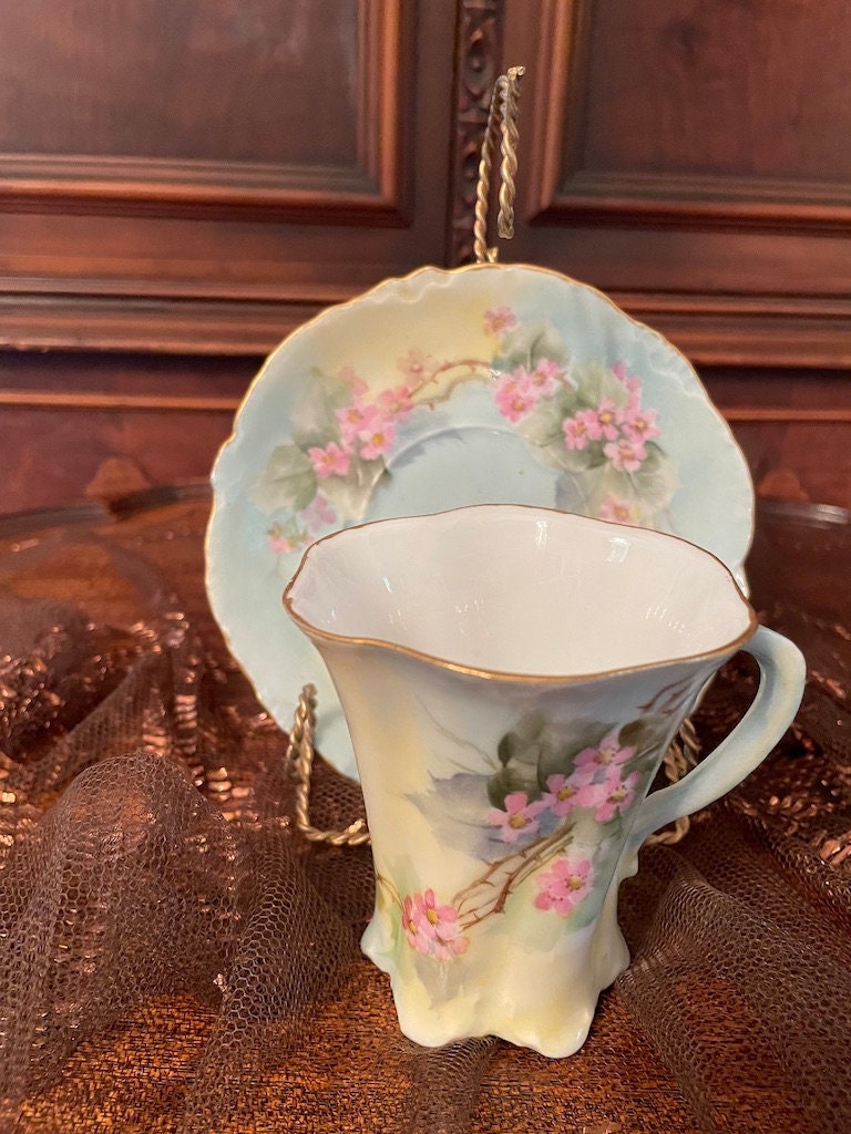 Antique Versailles Demitasse Cup Saucer Set Hand Painted Pink Blossoms Scalloped Edges Pastel Blue Gold Rim Vintage Porcelain Collectible