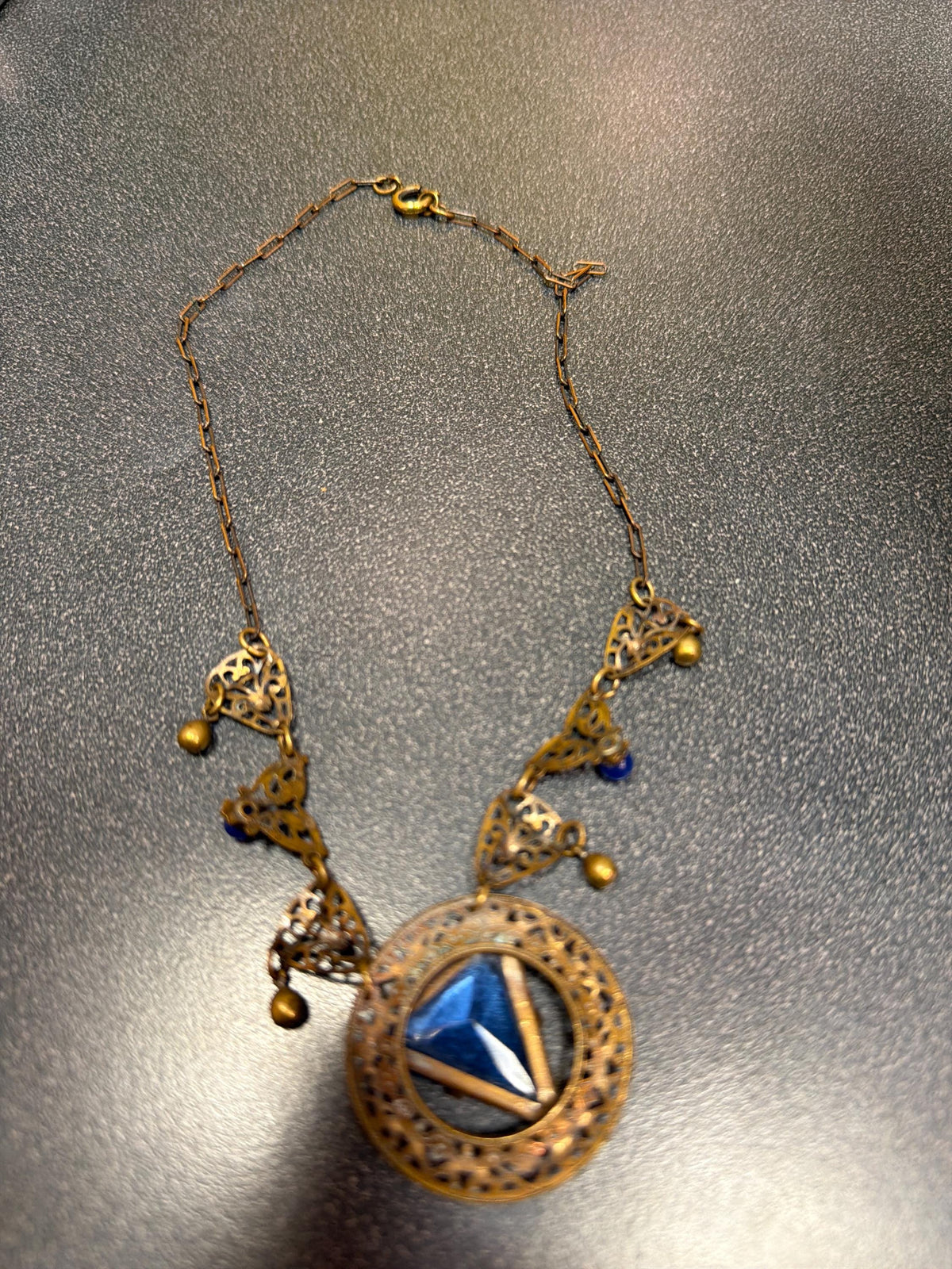 Vintage Art Deco Style Blue Glass Triangle Pendant Necklace Filigree Brass Statement Jewelry Unmarked Sterling Silver with Gold Wash