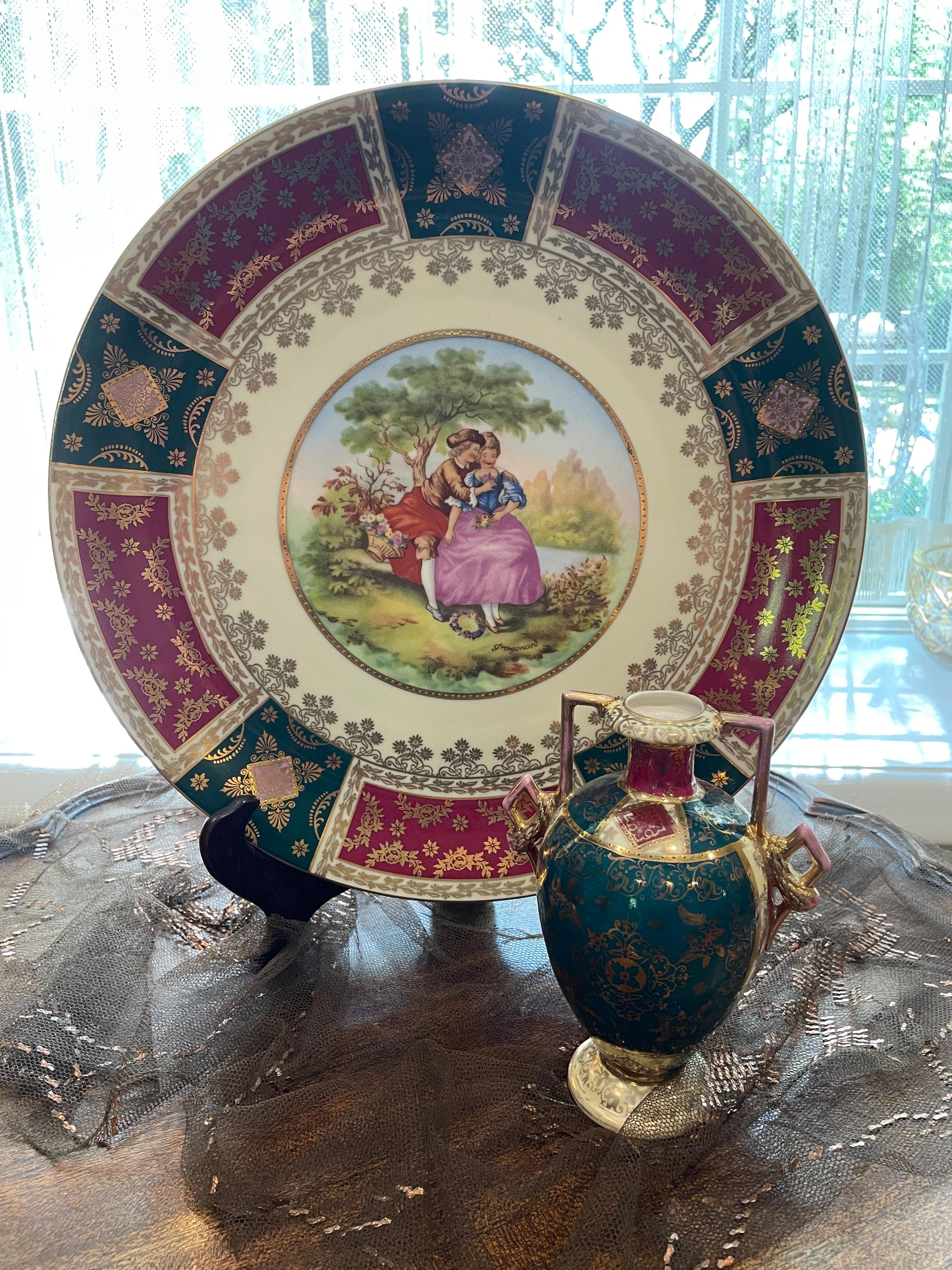 Vintage Decorative Porcelain Plate Vase Set Hand Painted Romantic Couple Scene Gold Accents Burgundy Green Baroque Classical European Style