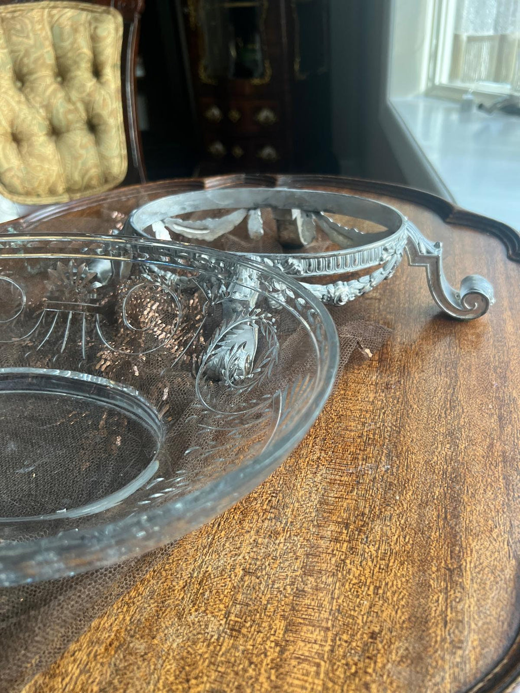 Antique Crystal Oval Bowl on Silverplate Footed Stand Cut Glass Fruit Dish Decorative Centerpiece Floral Garland Neoclassical Elegant Style