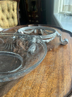Antique Crystal Oval Bowl on Silverplate Footed Stand Cut Glass Fruit Dish Decorative Centerpiece Floral Garland Neoclassical Elegant Style