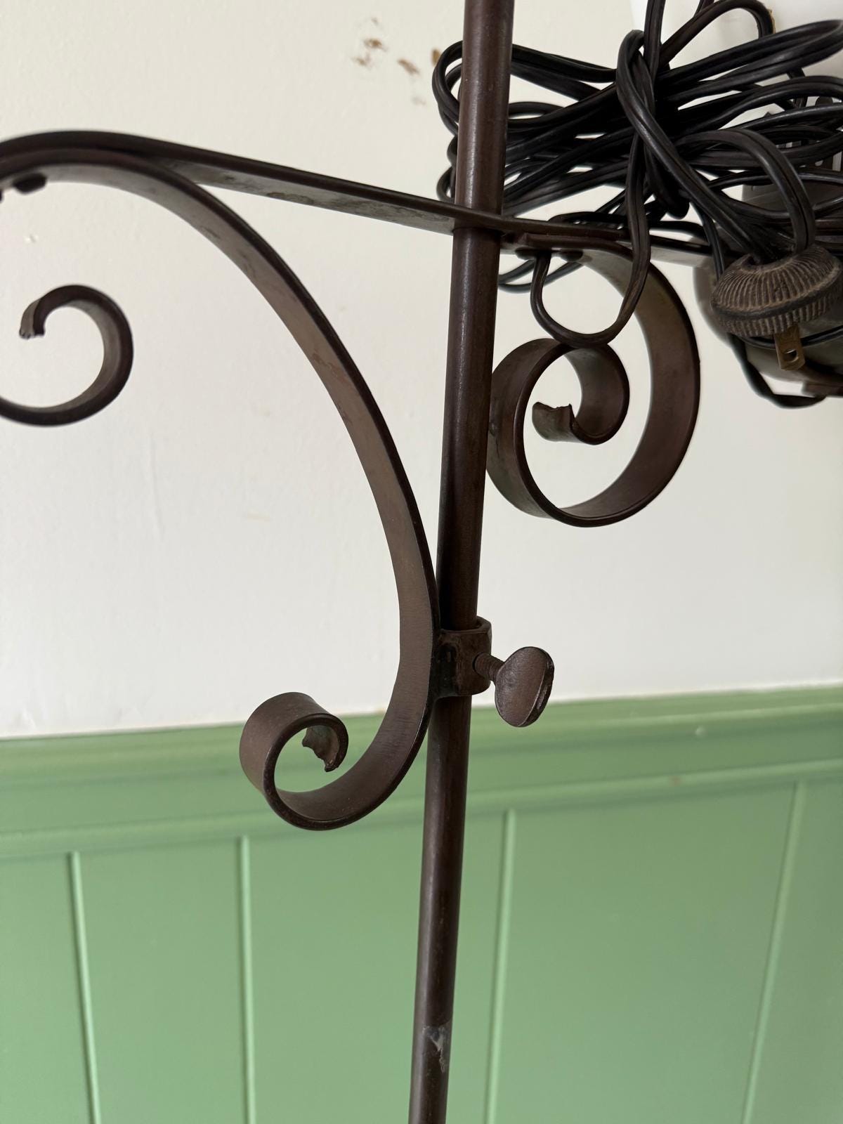 Antique Wrought Iron Floor Lamp White Milk Glass Shade Ornate Scroll Base Vintage Lighting Collectible Adjustable Lamp Victorian Style