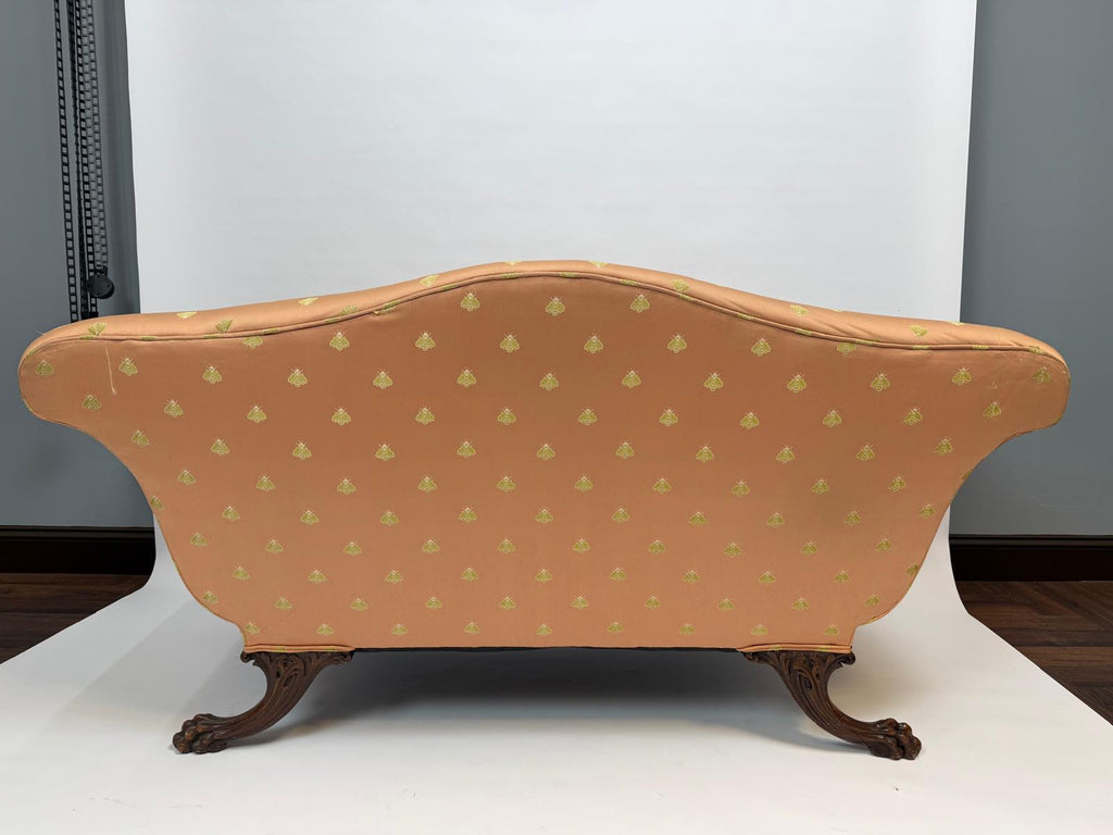 Antique Carved Wood Loveseat Silk Fabric Sofa French Style Peach Upholstery Gilded Motif Curved Back Vintage Settee Luxurious Furniture