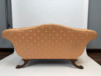 Antique Carved Wood Loveseat Silk Fabric Sofa French Style Peach Upholstery Gilded Motif Curved Back Vintage Settee Luxurious Furniture