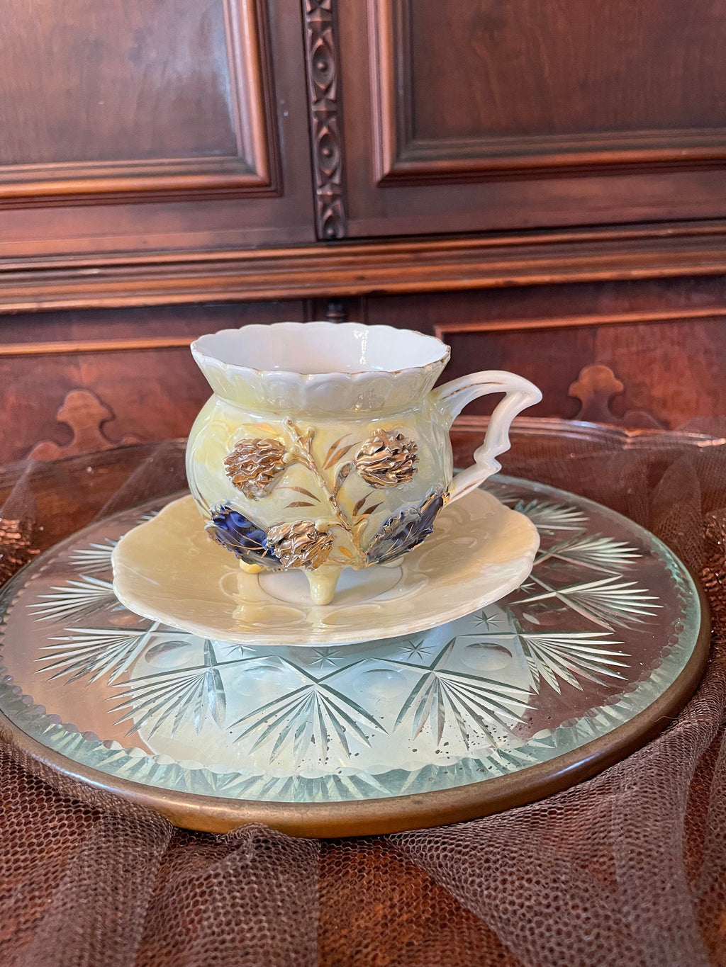 Antique Porcelain Floral Design Yellow Gold & Blue Teacup Saucer.