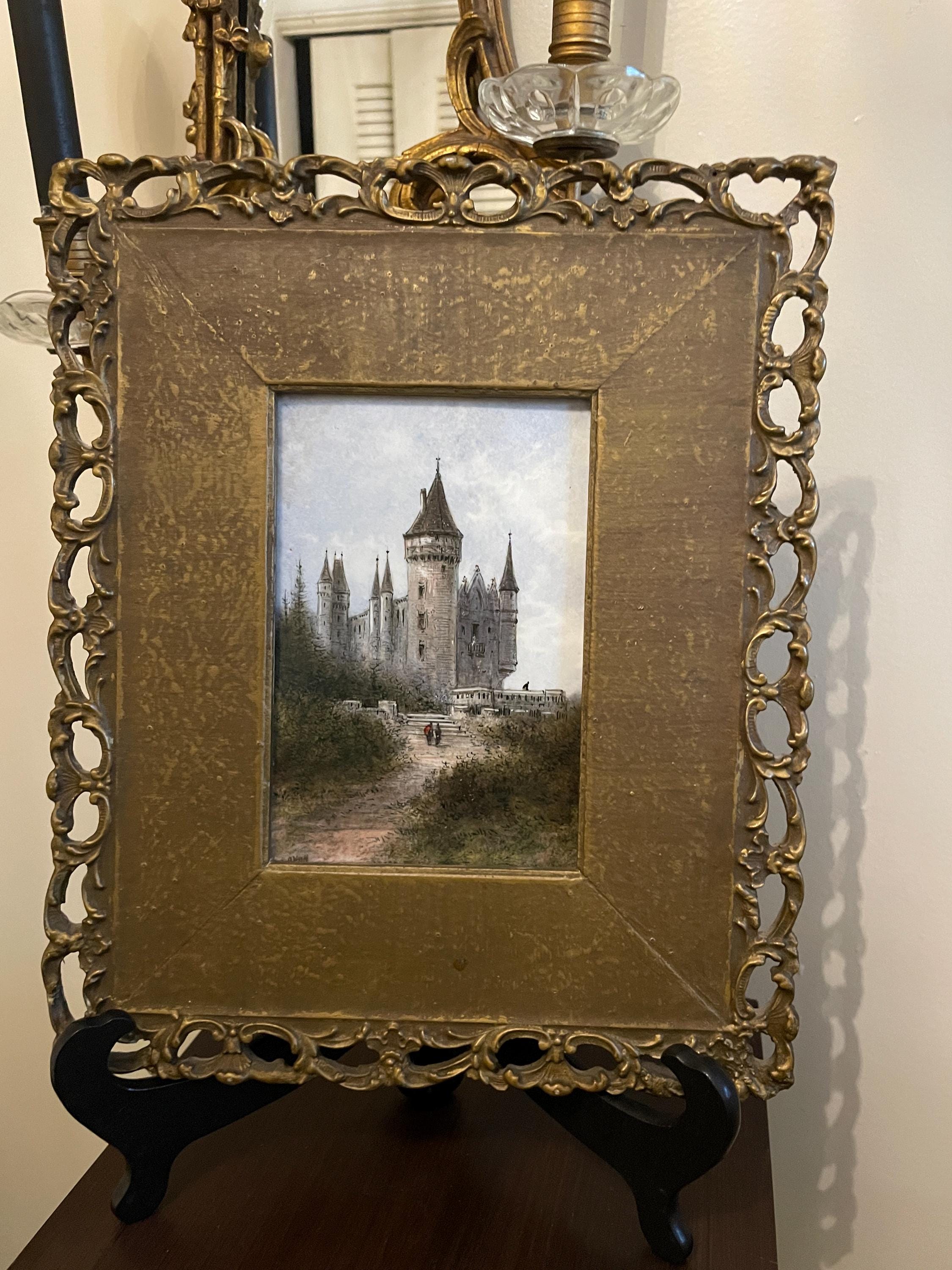 Vintage Hand-Painted Castle Scene Ornate Gold Gilded Frame Romantic Artwork Signed Collectible Architectural Landscape Wall Decor