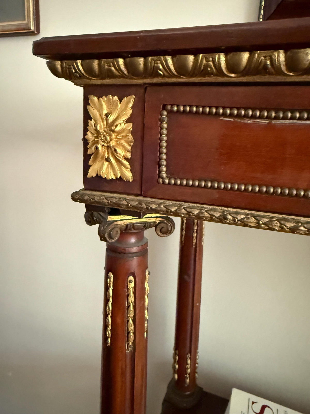 Antique French Empire Mahogany Console Table Three Tier Gilt Bronze Mounts Elegant Hallway Entryway Display Stand Decorative Furniture
