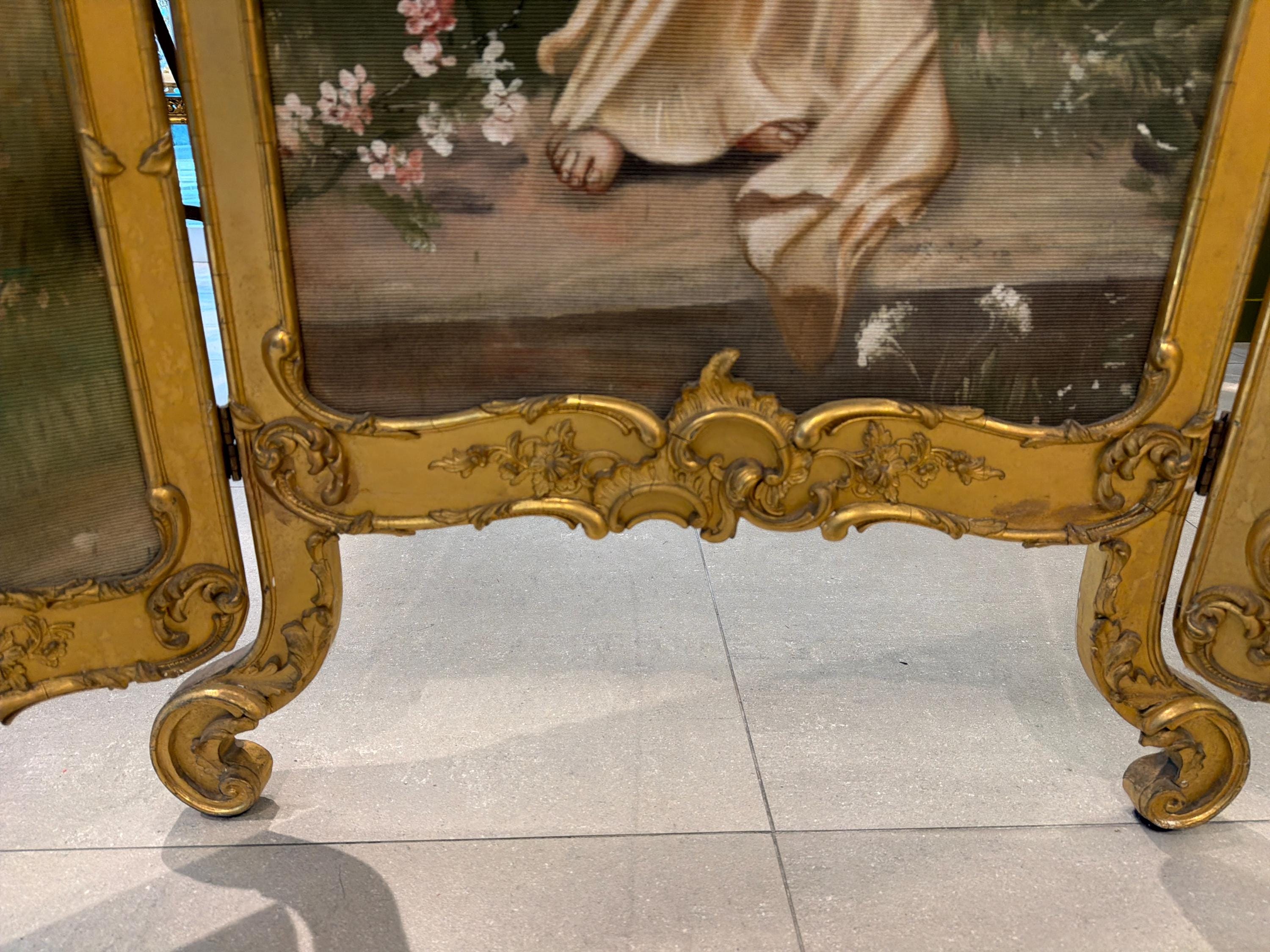 Antique French Rococo Folding Screen: Hand-Painted Silk Panels, Gilt Wood Louis XV Style