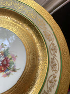 Vintage Bavaria Gold Gilded Floral Porcelain Dinner Plates Set of 9 Hand Painted Green Band Tableware Set Collectible Plates Dinnerware Set