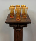 Vintage Amber Glass Tumblers Set of 7 Gold Rim Two Patterns Highball Glasses Mid Century Barware Honey Gold Drinkware