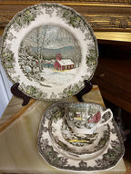 Vintage Johnson Bros Friendly Village China Set Winter Scene Transferware Holiday Tea Plates Bowls Cups Display Gift Cottage Kitchen