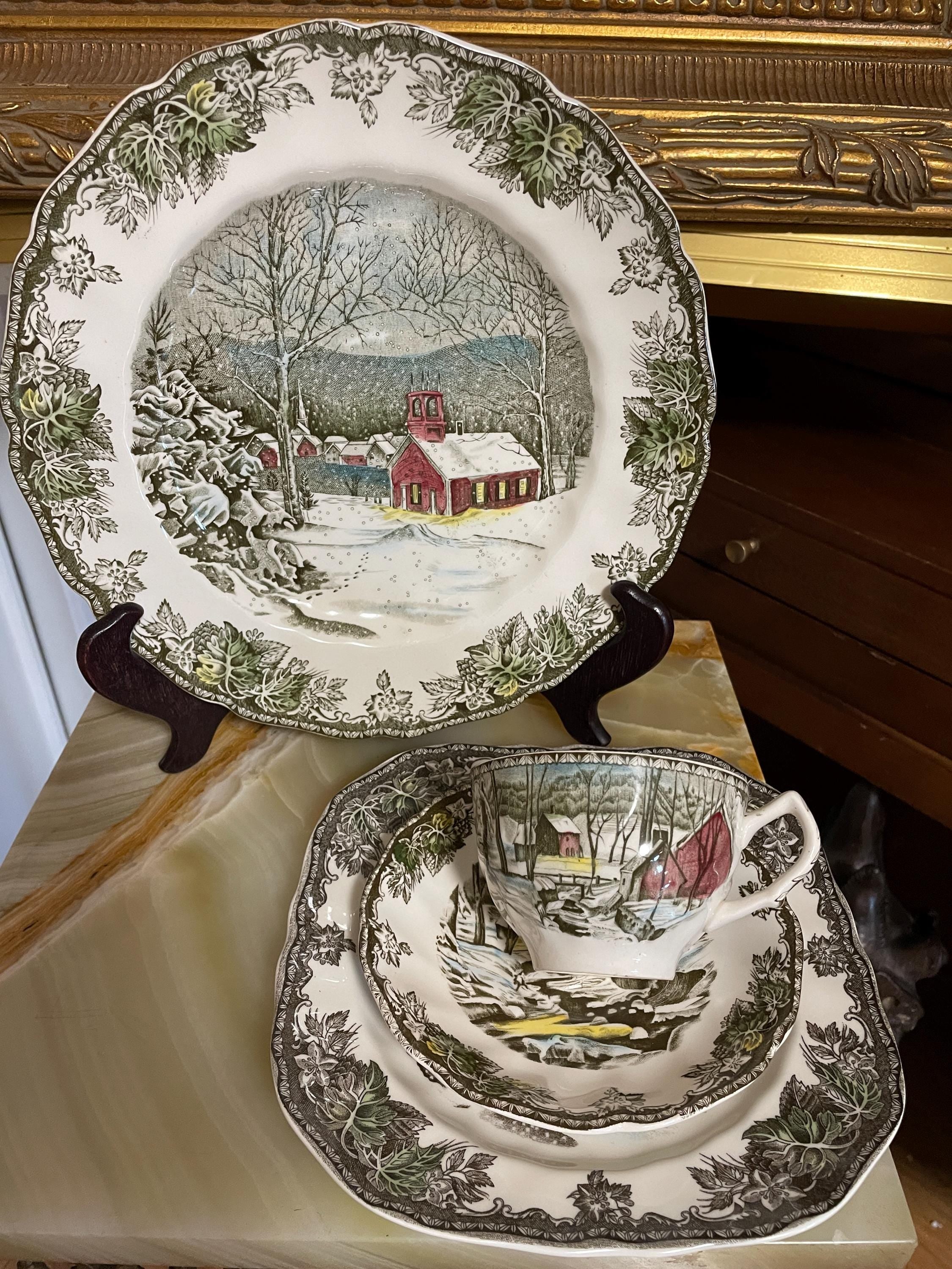 Vintage Johnson Bros Friendly Village China Set Winter Scene Transferware Holiday Tea Plates Bowls Cups Display Gift Cottage Kitchen