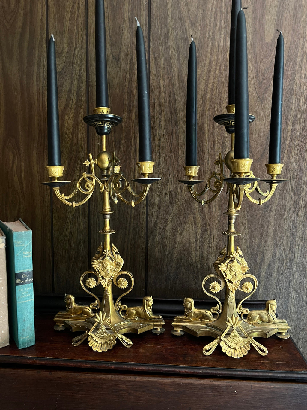 Pair of Empire 5 Light Brass Gold Black Candelabra Unique Sphinx Design Candlesticks Candleholer