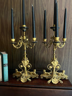 Pair of Empire 5 Light Brass Gold Black Candelabra Unique Sphinx Design Candlesticks Candleholer