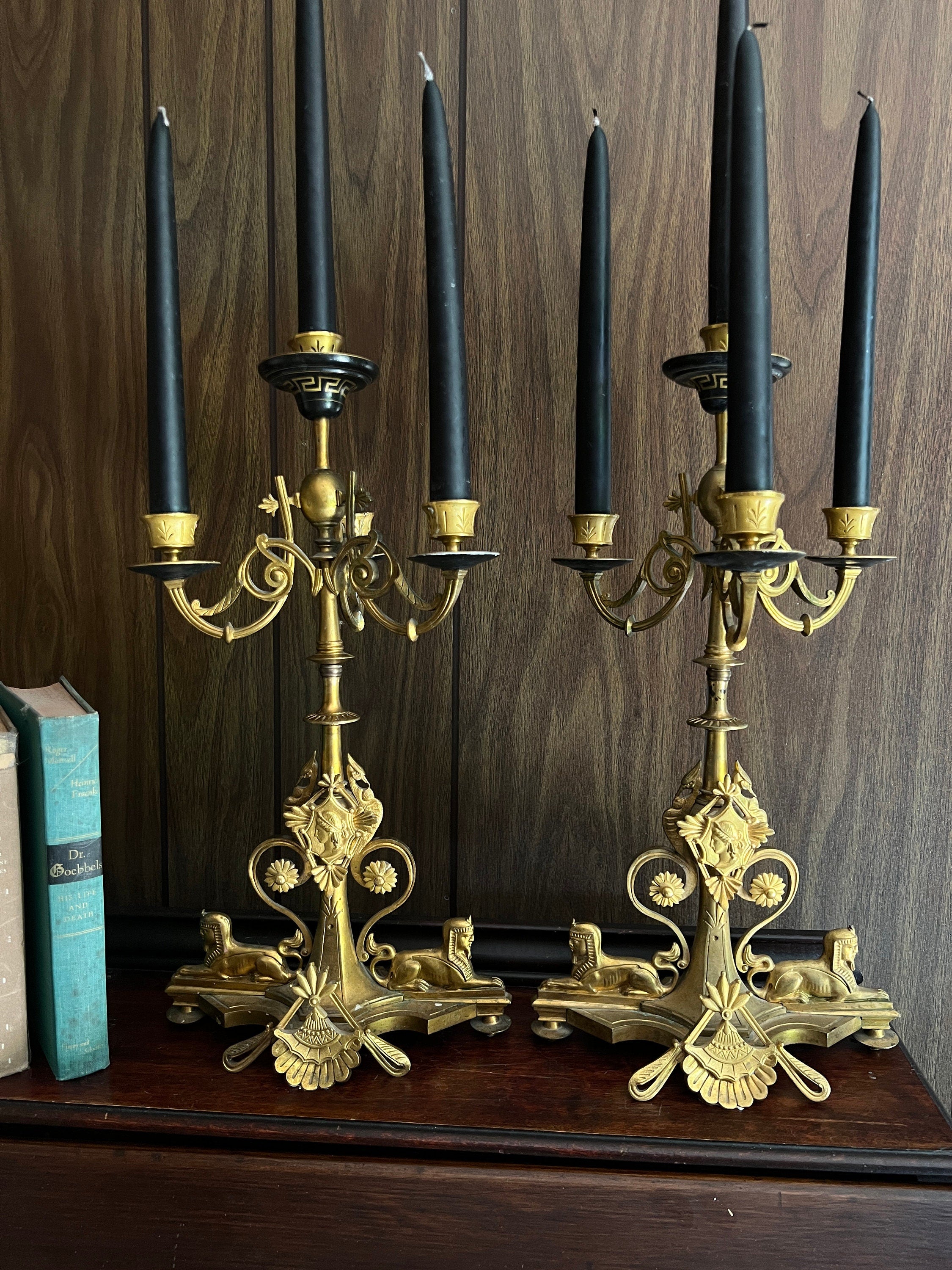 Pair of Empire 5 Light Brass Gold Black Candelabra Unique Sphinx Design Candlesticks Candleholer