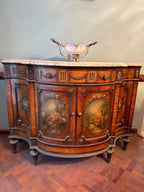 Antique French Marble Top Sideboard Hand Painted Panels Louis XV Style Painted Cabinet Elegant Drawers Luxurious Furniture Console Buffet