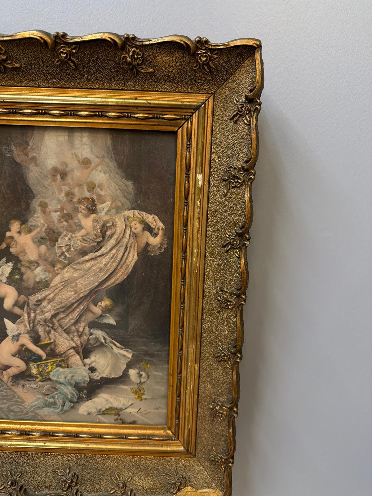 Vintage Ornate Gold Gilt Framed Angel Scene Wall Art Romantic Classical European Style Decor