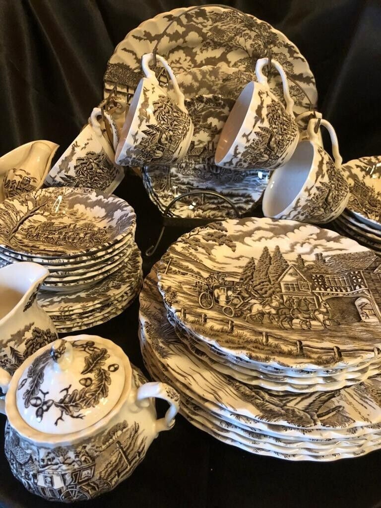 Vintage Royal Mail Heritage Hall Staffordshire Transferware English China Dinnerware Tea Set Rare English Country Horse Carriage Scene